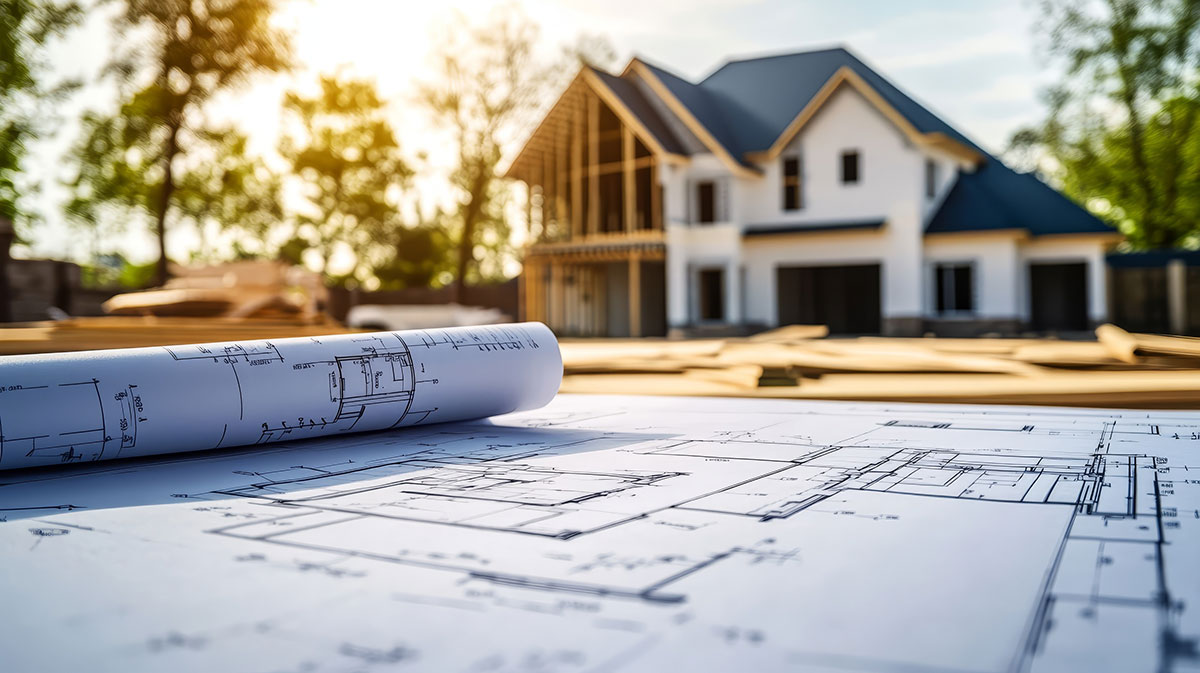 Blueprints on table with unfinished house in the background under a clear sky and sunlight.