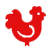 Red silhouette of a rooster facing left on a white background.