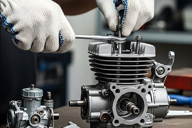 Mechanic using a wrench to work on a motorcycle engine in a garage workshop.