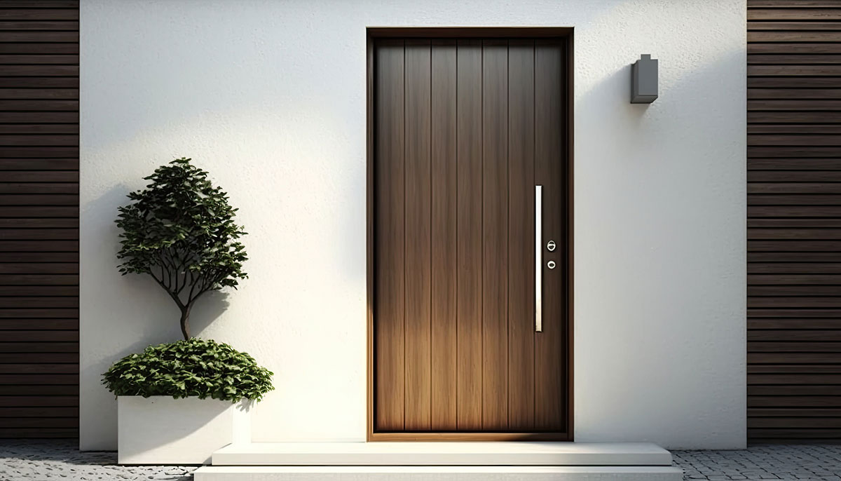 Modern wooden front door with vertical panels, silver handle, white wall background, and small shrub on left side.